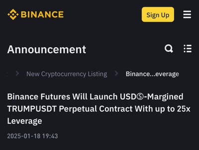 TRUMP Meme Coin Surges 200%, Binance Futures Introduces TRUMPUSDT Perpetual Contract