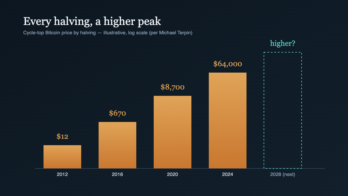 Bitcoin halving cycle peak prices rising each cycle, per Michael Terpin