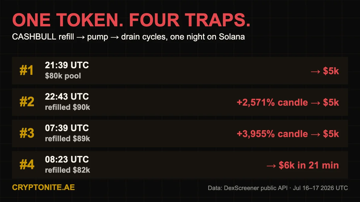 CASHBULL liquidity trap timeline: four refill-pump-drain rug cycles in one night