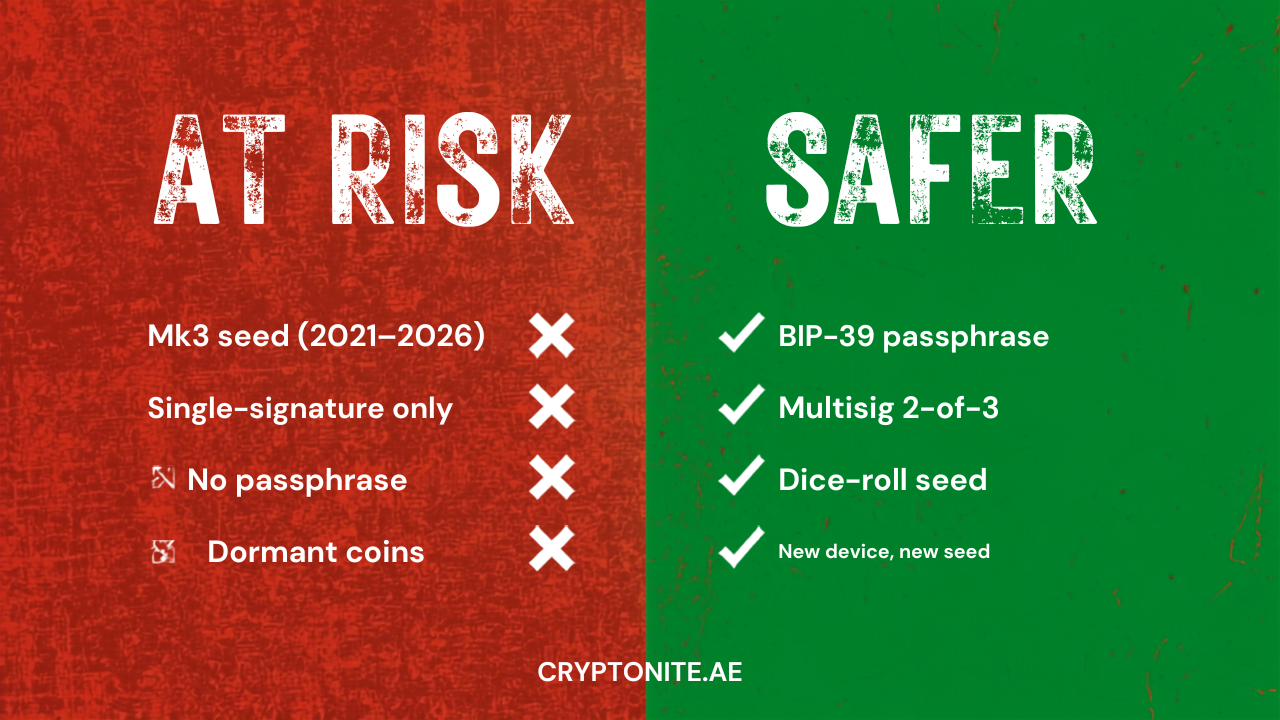 Coldcard hack risk chart showing at-risk wallets versus safer setups