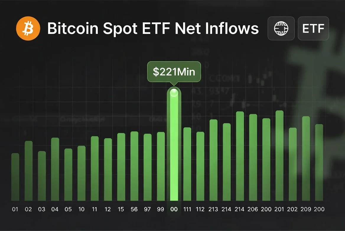 US Bitcoin ETFs Record Largest Daily Inflow in 59 Days — $221.7 Million
