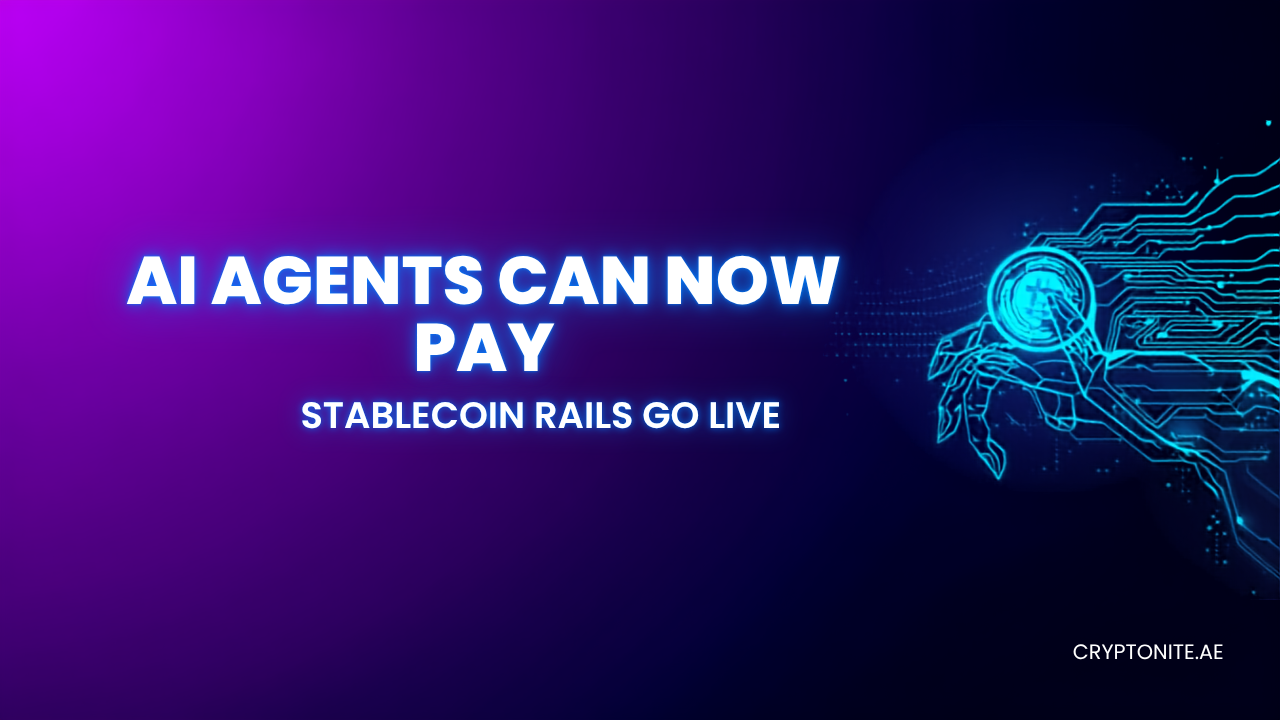 Agentic finance graphic showing an AI robotic hand holding a coin over stablecoin payment rails