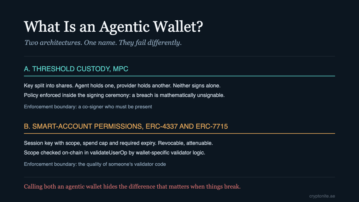 Agentic wallet architectures compared, MPC threshold custody and smart-account session keys