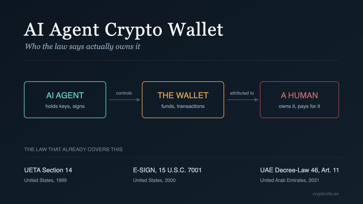 AI agent crypto wallet attribution chain from agent to wallet to human principal