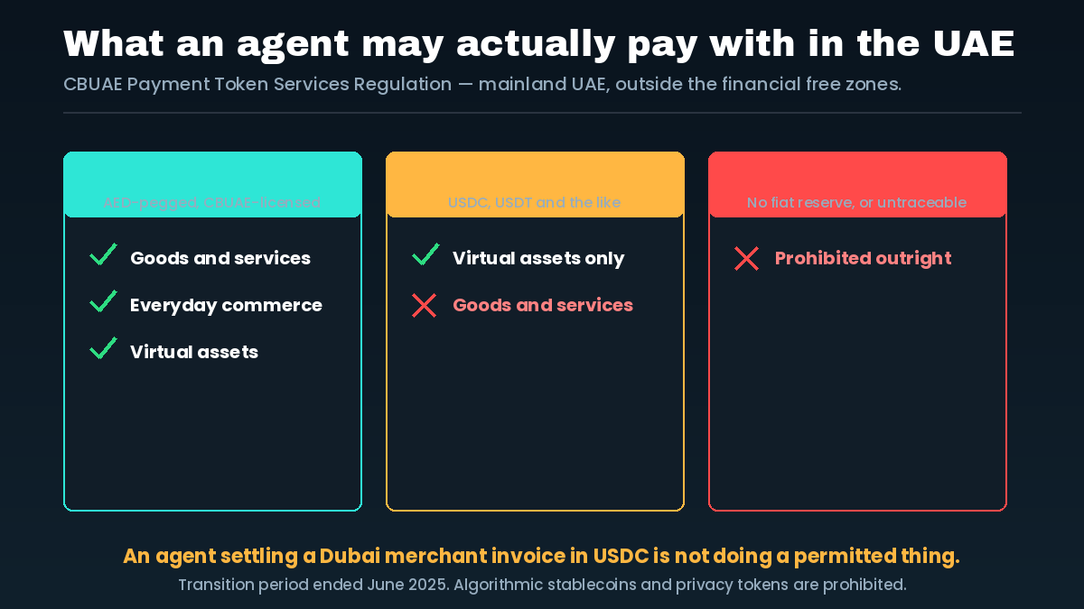 UAE Payment Token Services Regulation: which token type an AI agent may use for goods and services
