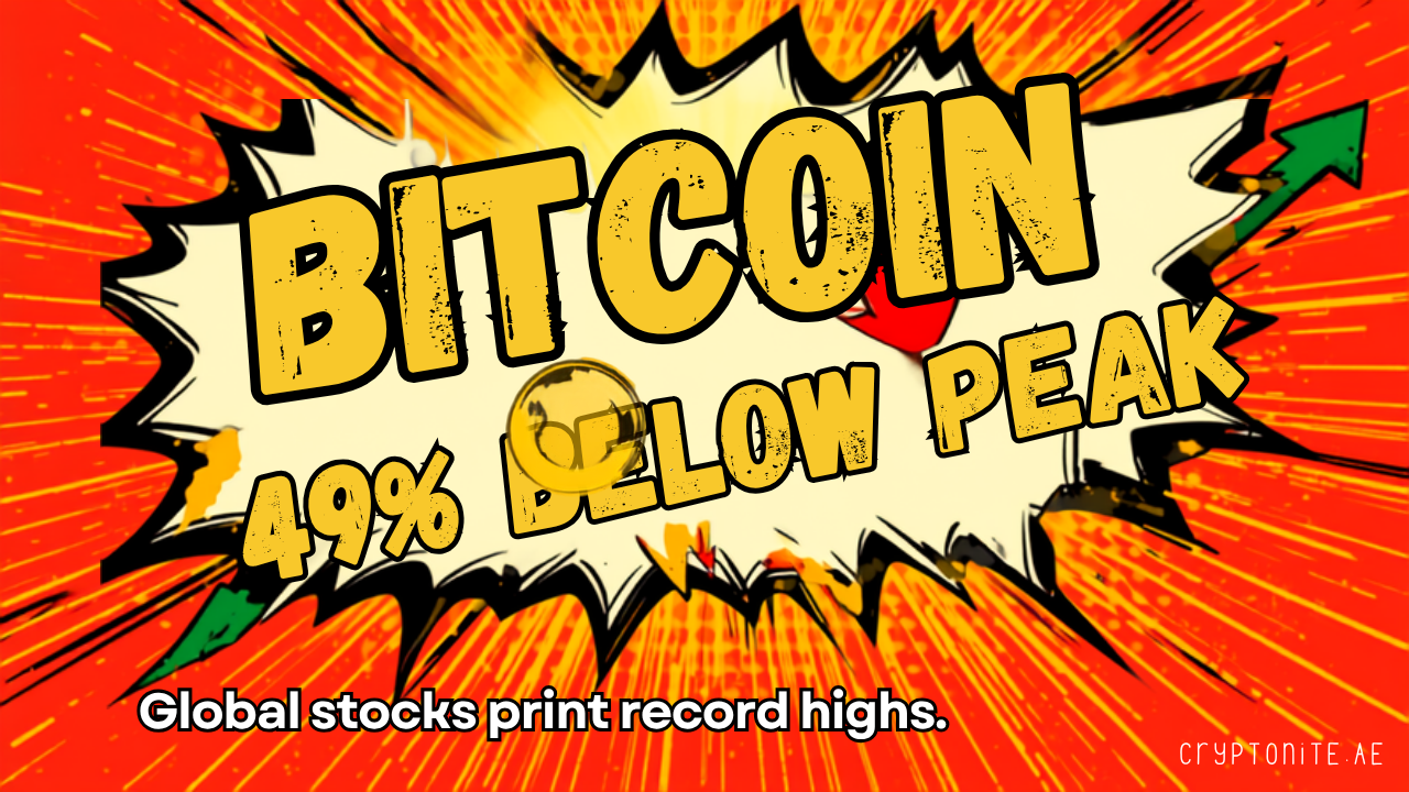 Bitcoin underperformance deepens: 49% below its peak while global stocks print records