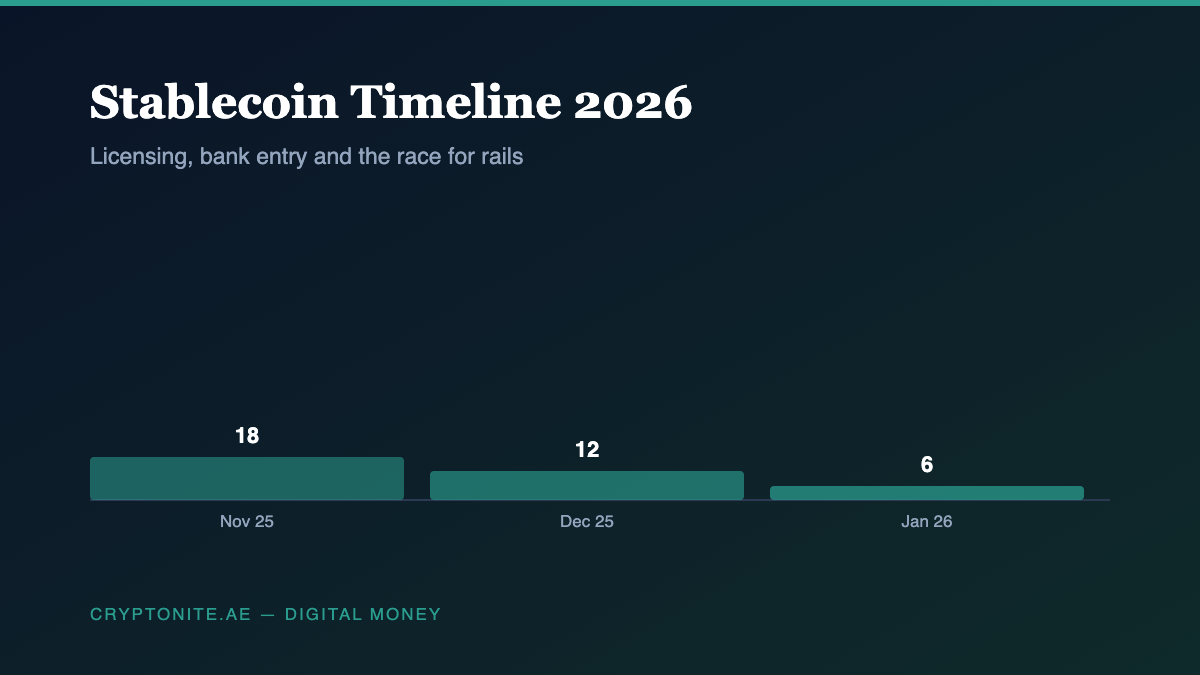 Stablecoin timeline 2026 chart showing licensing, bank entry and issuance developments by month