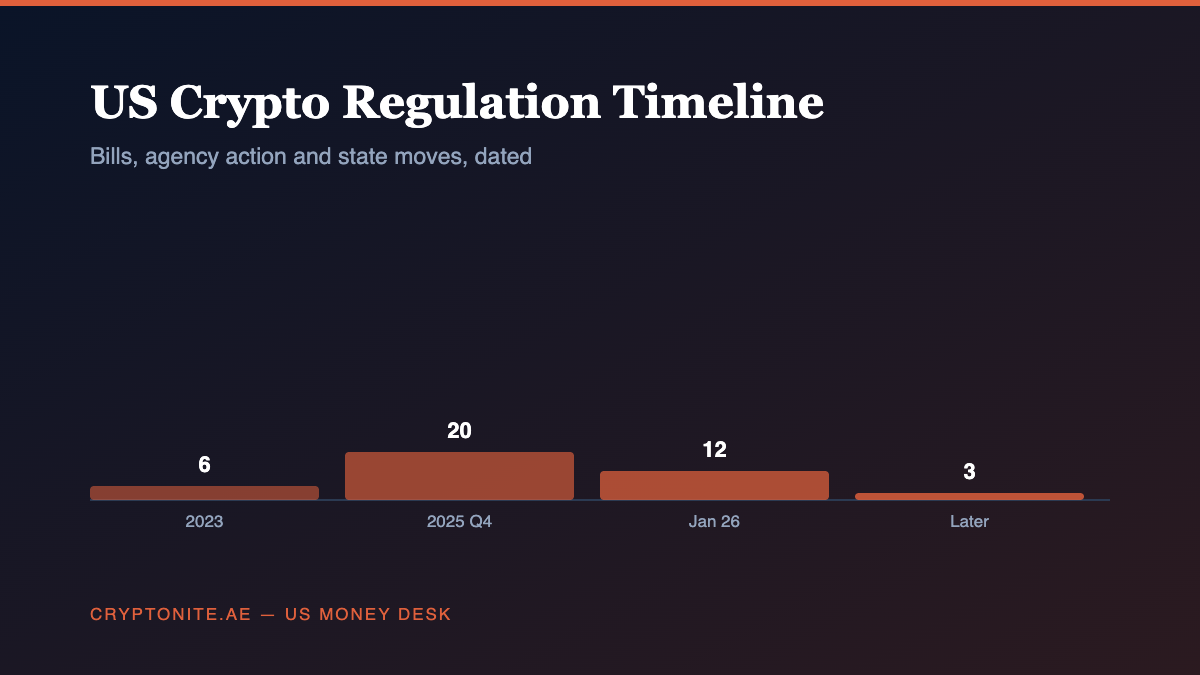 US crypto regulation timeline chart showing tracked legislative, agency and state-level developments by period